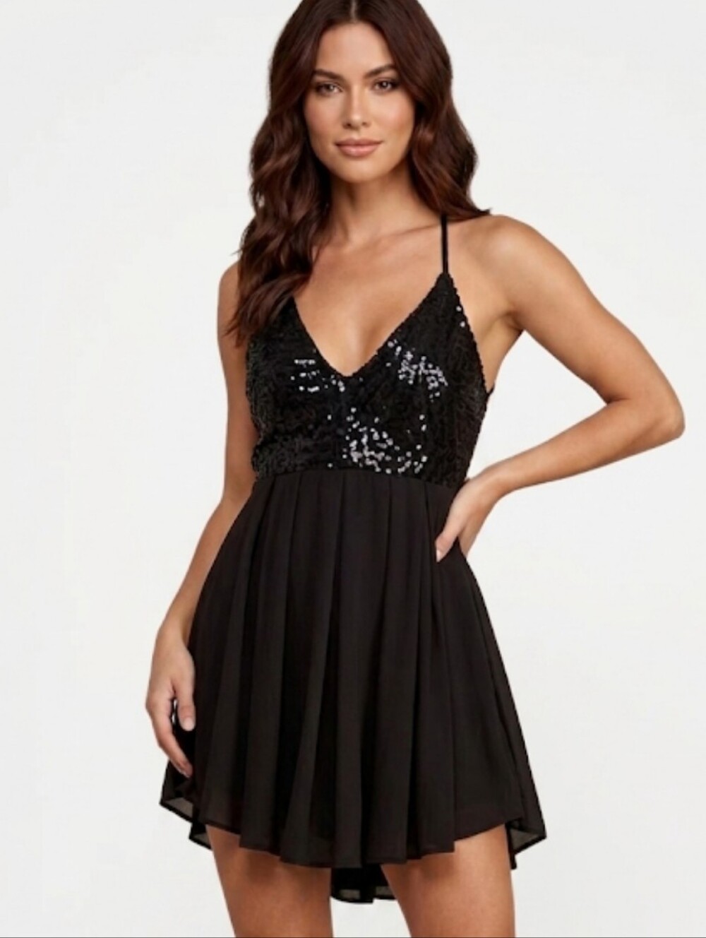NWT O. Vianca Black Sequined A-Line Mini Dress Criss-Cross Back Size L